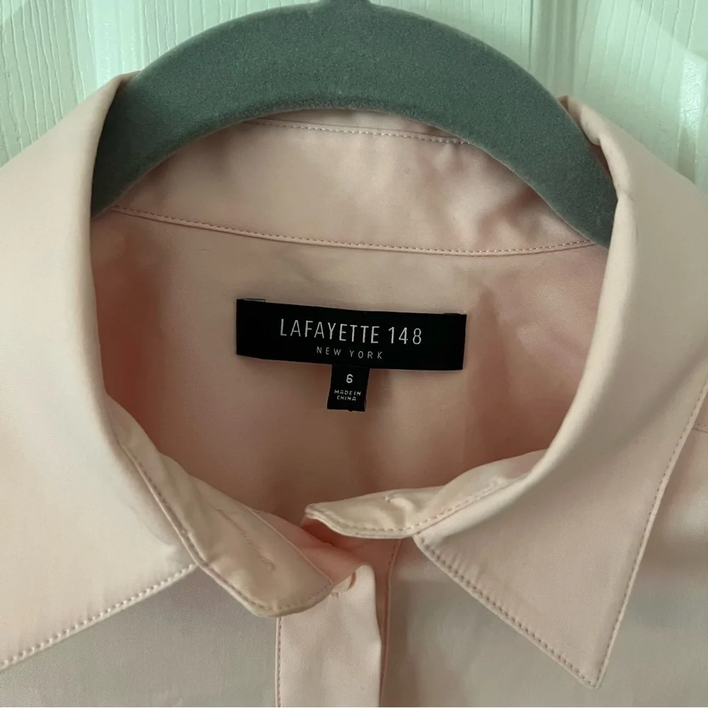 Lafayette 148 Designer Women Button Up Shirt sz 6 Peach Pleated Business Casual - Picture 10 of 16